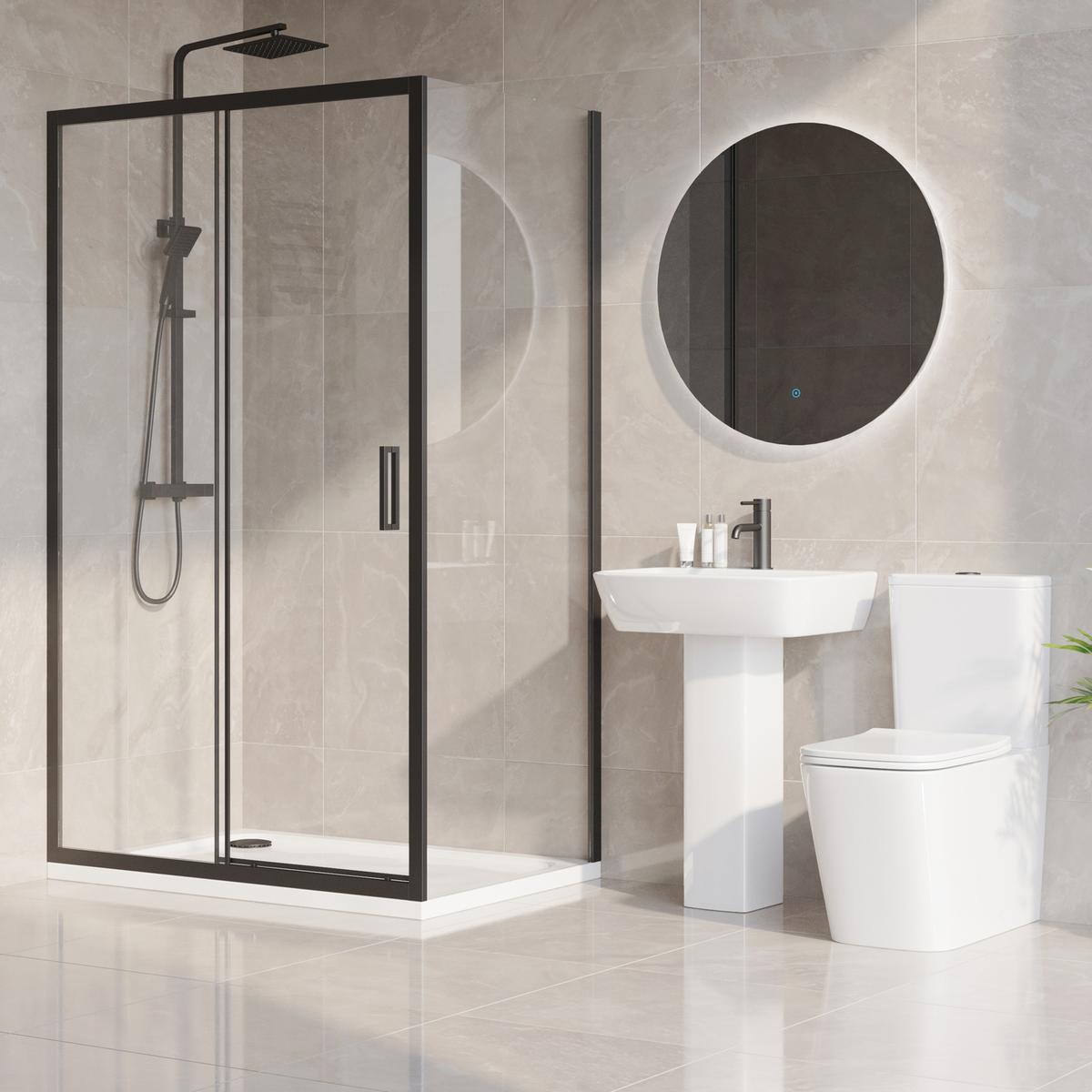1200 x 800mm Black Rectangular Sliding Door Shower Enclosure with Side Panel Suite with Toilet and Basin - Pavo