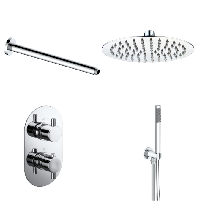Chrome 2 Outlet Ceiling Mounted Thermostatic Mixer Shower Set With Hand Shower - Flow