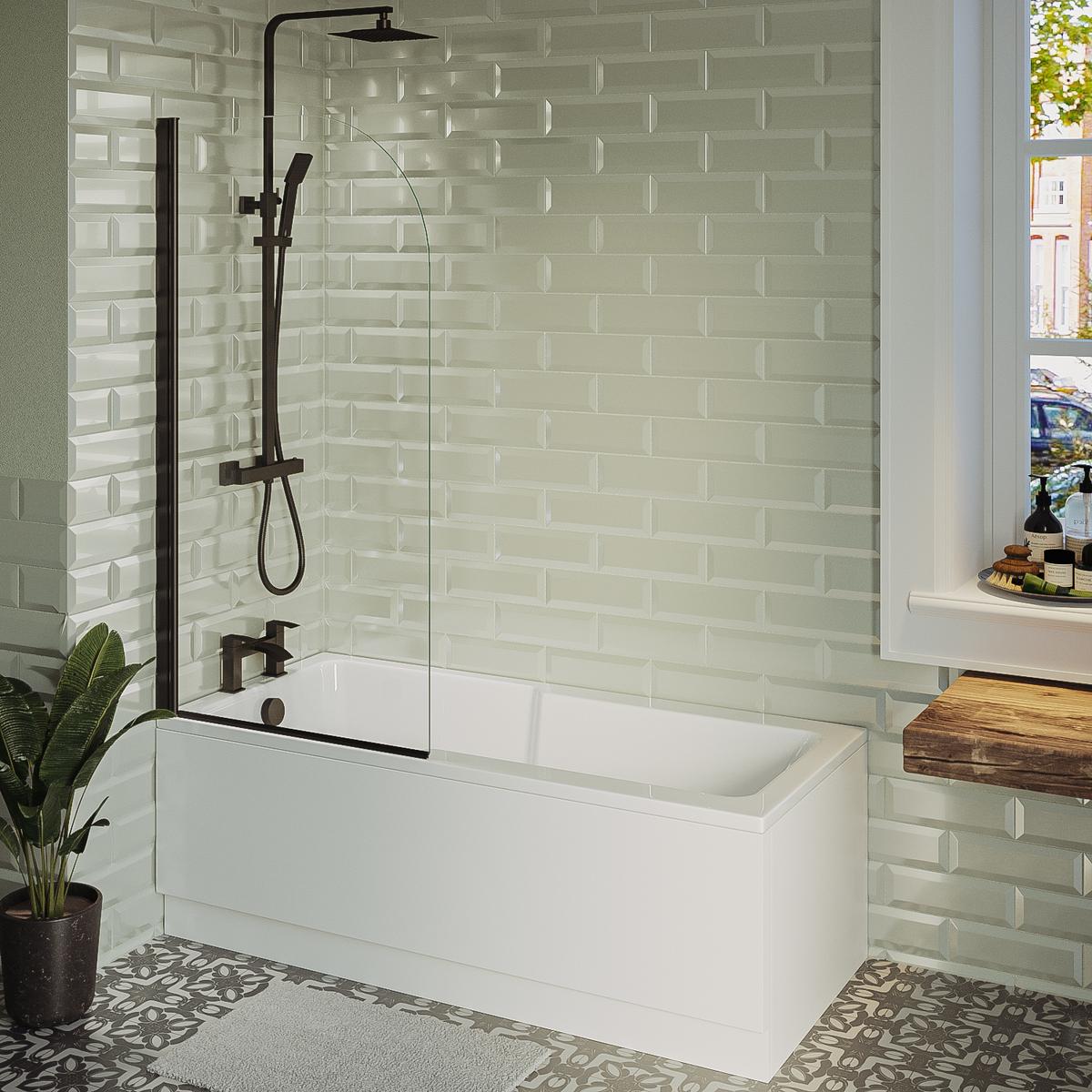 Single Ended Shower Bath with Front Panel & Black Bath Screen 1600 x 750mm - Cotswold