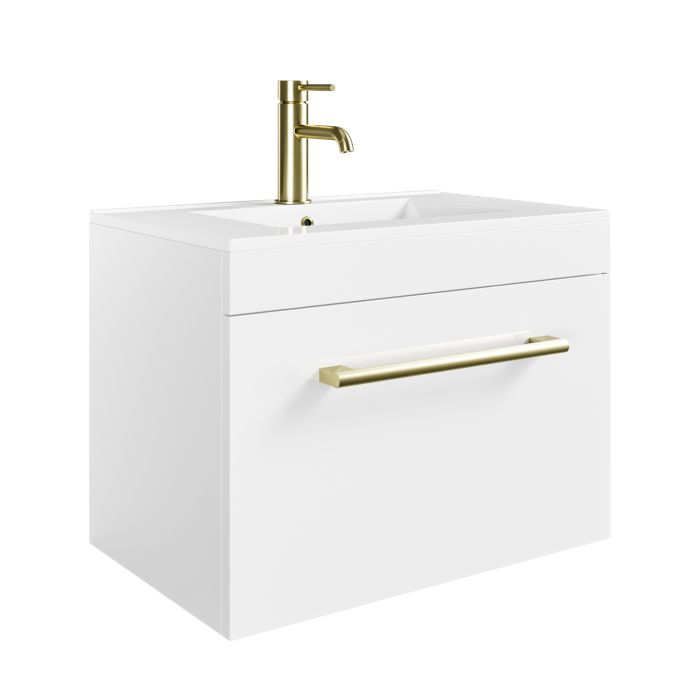 600mm White Wall Hung Vanity Unit with Basin and Brass Handle - Ashford