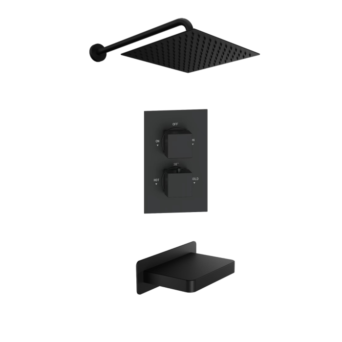 Matt Black 2 Outlet Thermostatic Mixer Shower Set With Wall Mounted 250mm Shower Head and Bath Filler Spout - Zana