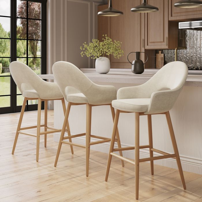 Set of 3 Oak and Beige Upholstered Kitchen Stools with Back - Colbie
