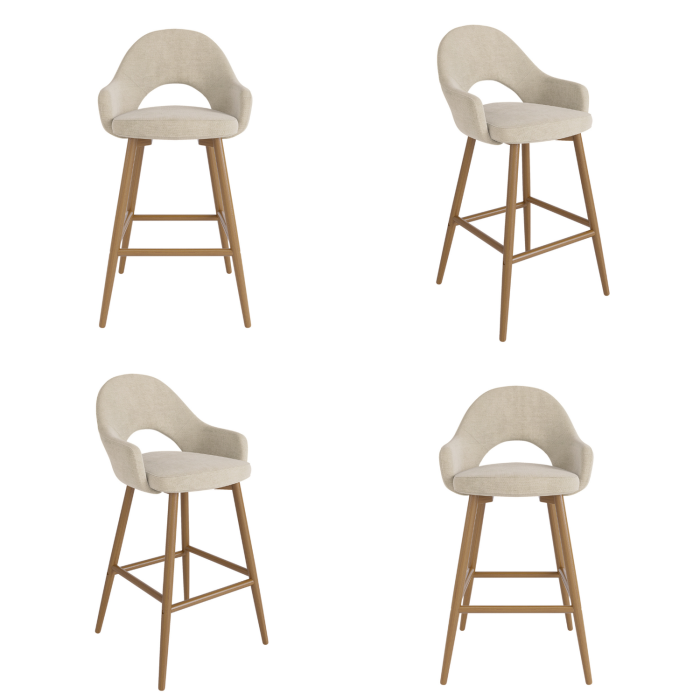 Set of 4 Oak and Beige Upholstered Kitchen Stools with Back - Colbie
