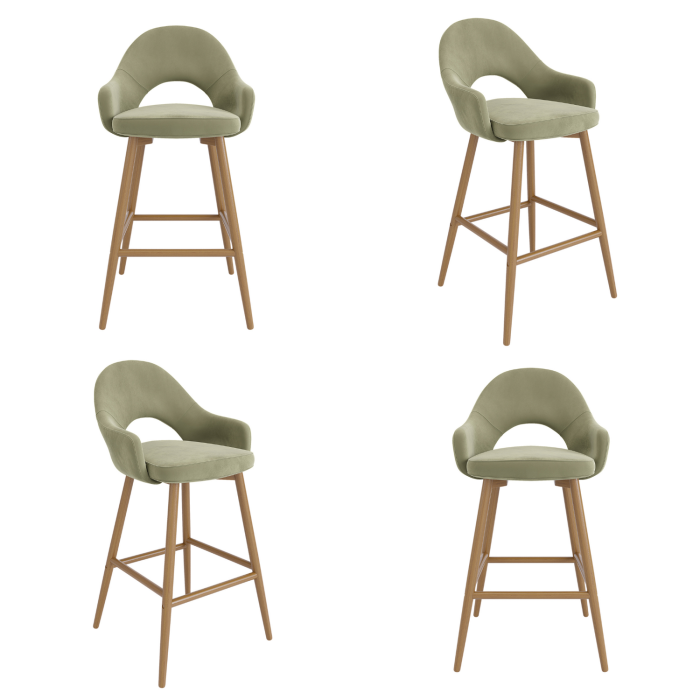 Set of 4 Oak and Sage Green Velvet Kitchen Stools with Back - Colbie