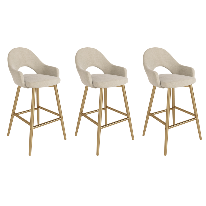 Set of 3 Gold and Beige Upholstered Kitchen Stools with Back - Colbie