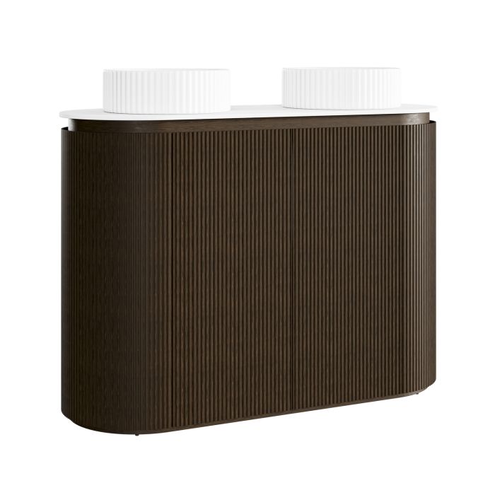 1200mm Walnut Wood Effect Curved Fluted Freestanding Double Countertop Vanity Unit with Basin - Matira
