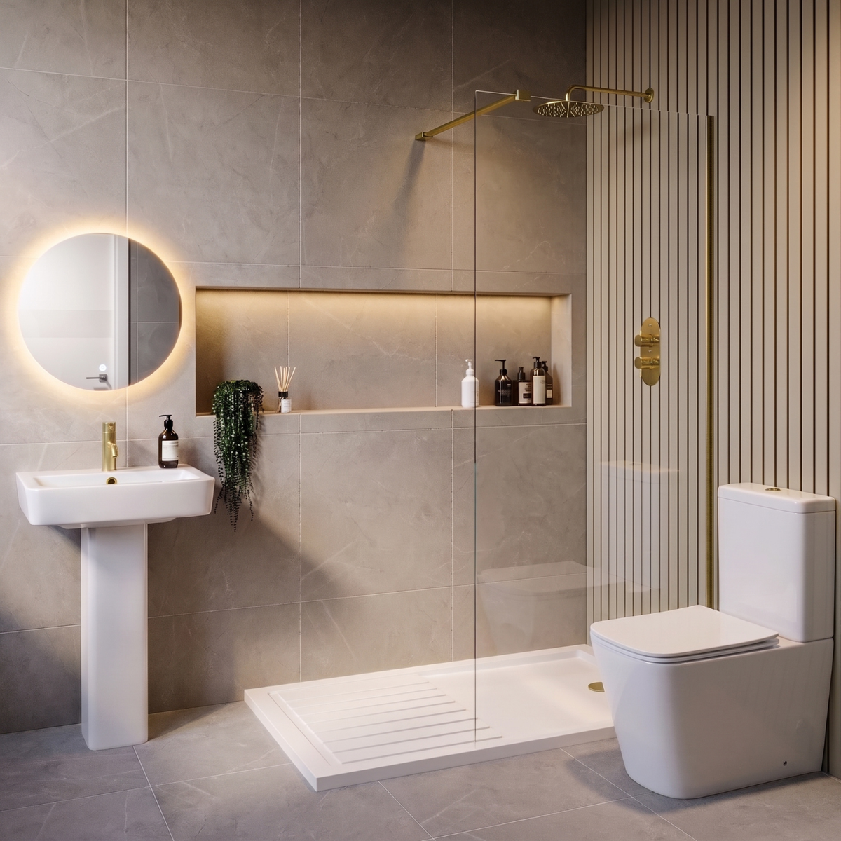1700 x 800mm Brass Walk in Shower Enclosure Suite with Toilet and Basin - Corvus