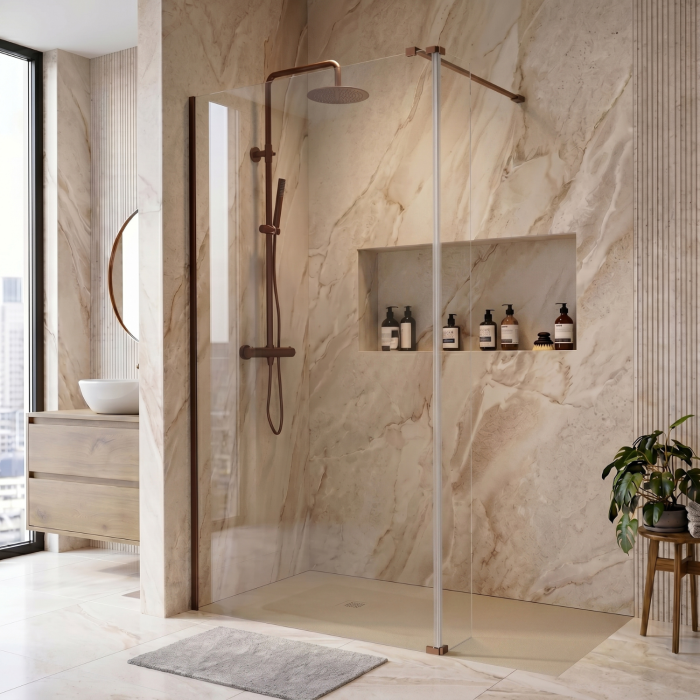 900mm Brushed Bronze Shower Screen for Wet Room & Walk In Shower with 300mm Hinged Flipper Return Panel - Corvus