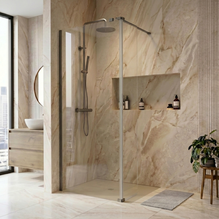 700mm Gunmetal Grey Shower Screen for Wet Room & Walk In Shower with 300mm Hinged Flipper Panel - Corvus