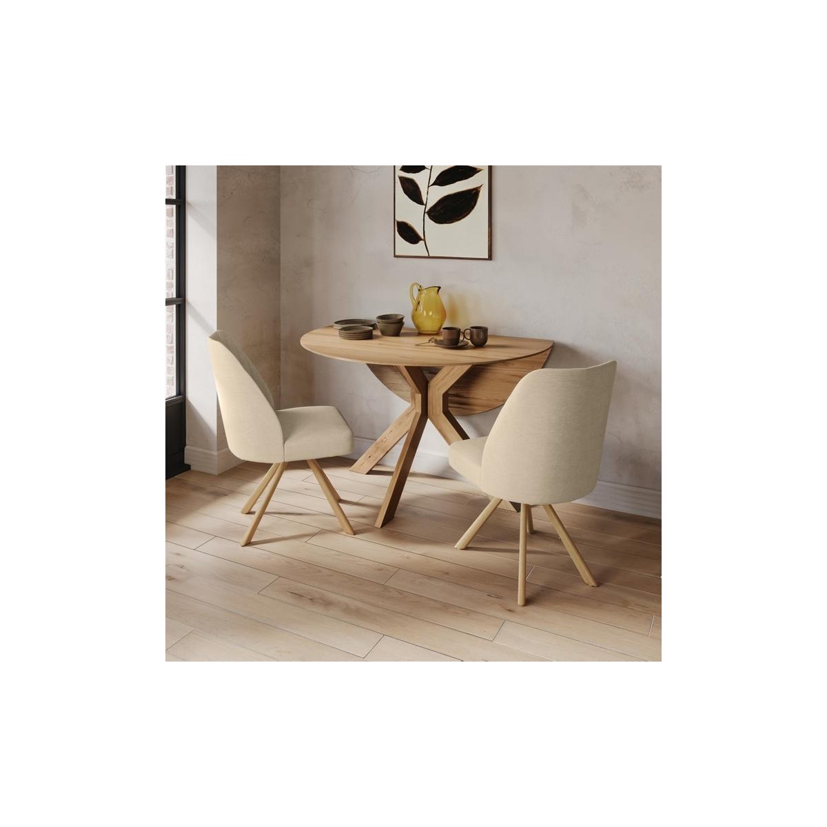 Round Oak Drop Leaf Dining Table Set with 2 Beige Upholstered Swivel Chairs - Seats 2 - Carson
