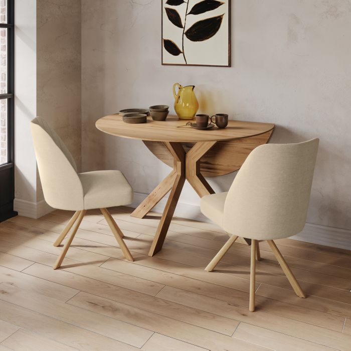 Round Oak Drop Leaf Dining Table Set with 2 Beige Upholstered Swivel Chairs - Seats 2 - Carson