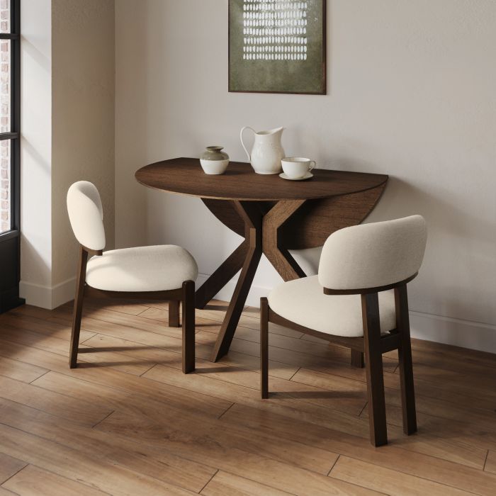 Round Walnut Drop Leaf Dining Table Set with 2 Cream Upholstered Chairs - Seats 2 - Carson