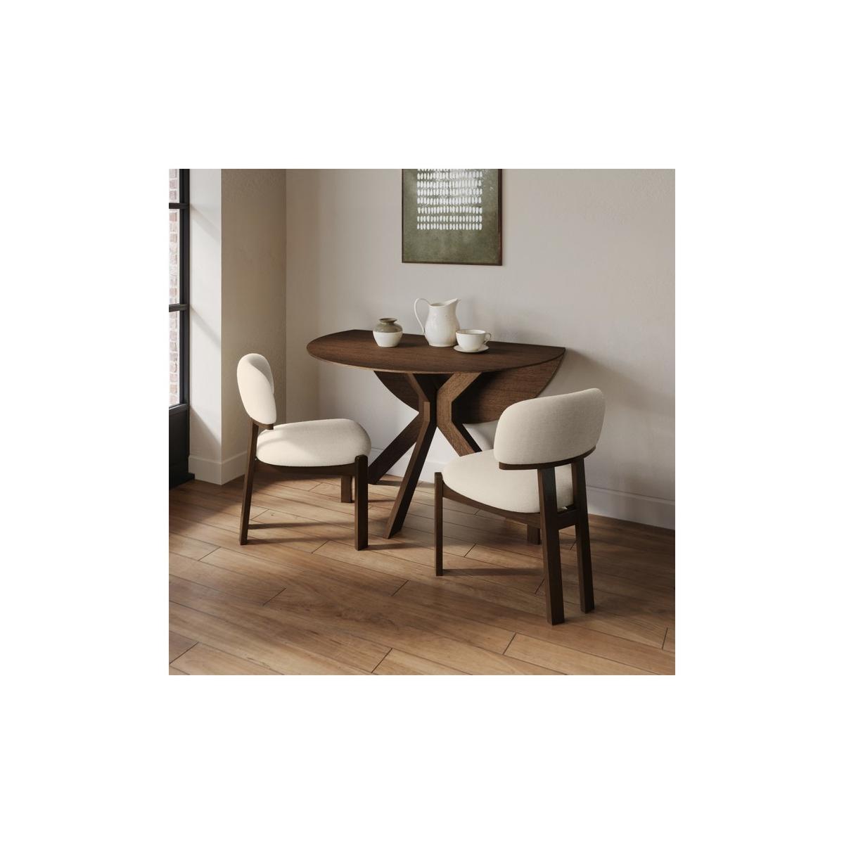 Round Walnut Drop Leaf Dining Table Set with 2 Cream Upholstered Chairs - Seats 2 - Carson