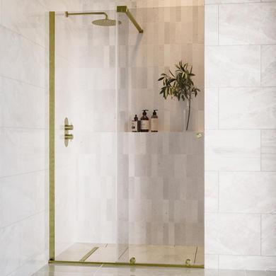 1200mm Brushed Brass Sliding Door Shower Enclosure + Wall Support Bar 8mm Glass - Denver
