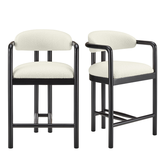 Set of 2 Cream Textured Fabric Kitchen Stools with Black Solid Wood Legs - Darla