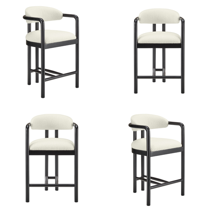 Set of 4 Cream Textured Fabric Kitchen Stools with Black Solid Wood Legs - Darla