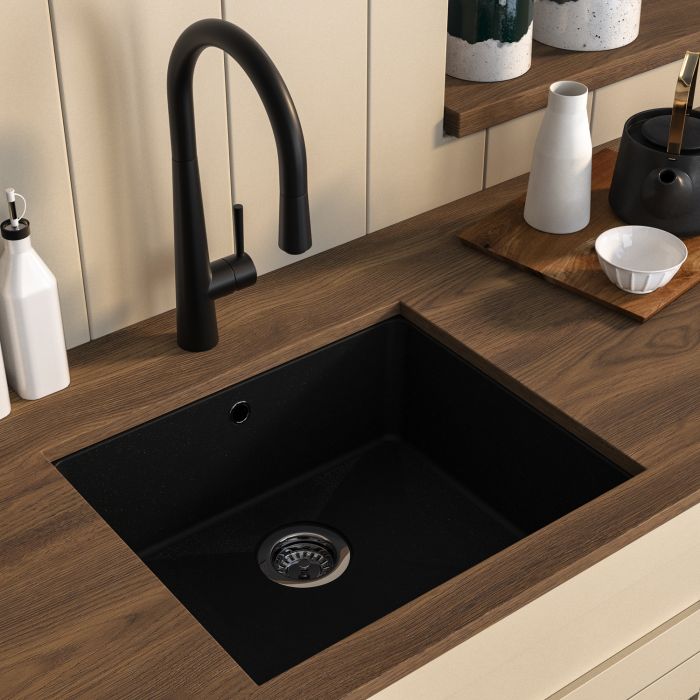 Single Bowl Black Undermount Composite Kitchen Sink With Black Pull Out Kitchen Tap Set - Enza