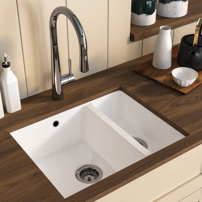 1.5 Bowl White Undermount Composite Kitchen Sink With Chrome Pull Out Kitchen Mixer Tap Set - Enza