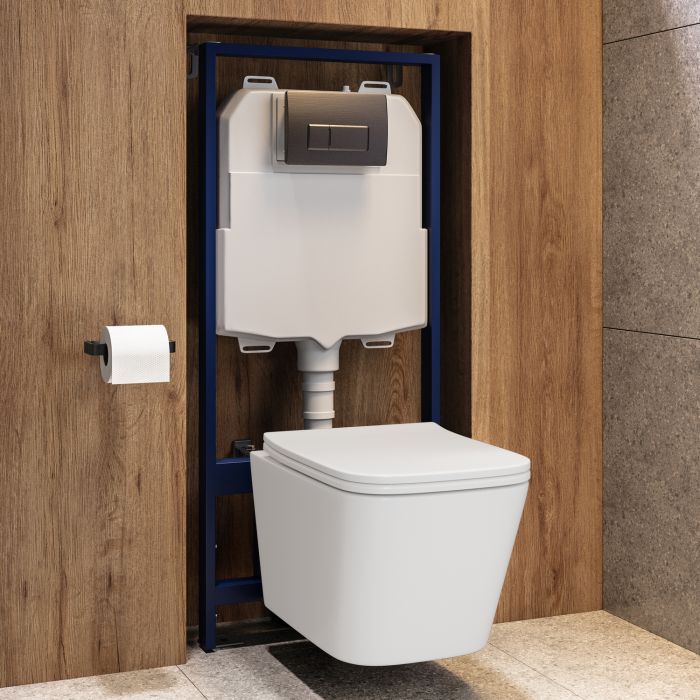 Wall Hung Toilet with Soft Close Seat, Gunmetal Flush Plate, 1168mm Frame & Cistern - Albi