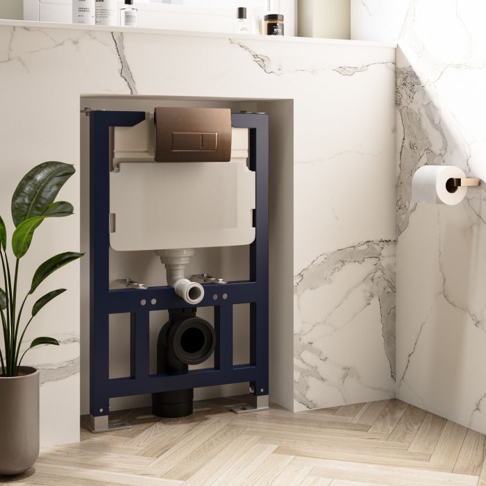 ONLY OPENED - 820mm Wall Hung Toilet Frame with Brushed Bronze Pneumatic Flush Plate & Concealed Cistern - Elira