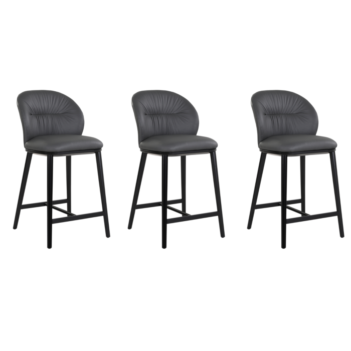Set of 3 Grey Real Leather Kitchen Stools with Black Legs - Eren