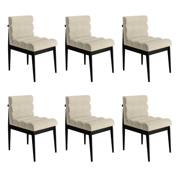 Set of 6 Black and Beige Upholstered Mid Century Sculpted Dining Chairs with Wooden Legs - Freja