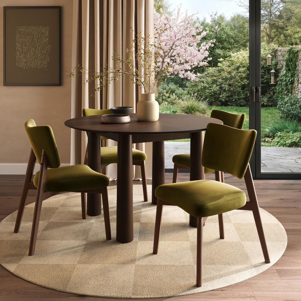 Round Walnut Dining Table Set with 4 Olive Green Velvet Curved Back Dining Chairs - Seats 4 - Hana