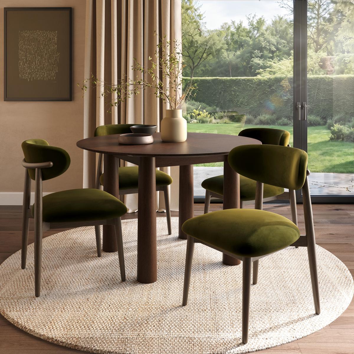 Round Walnut Dining Table Set with 4 Green Upholstered Chairs - Seats 4 - Hana