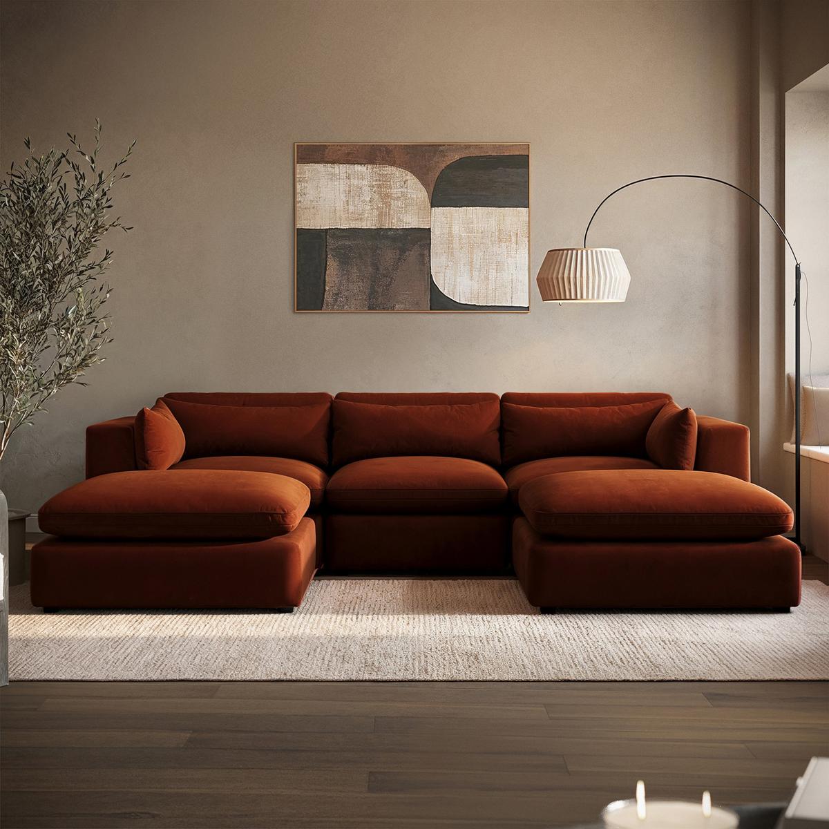 Burnt Orange Velvet 5 Seater U-Shape Sofa - Hudson