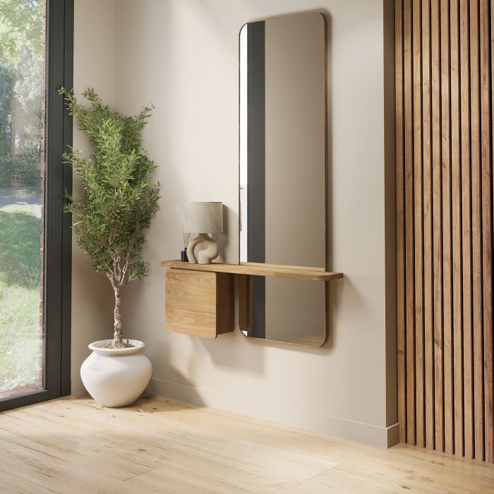 GRADE A2 - Slim & Narrow Oak Floating Console Table with Mirror & Storage - Izzi