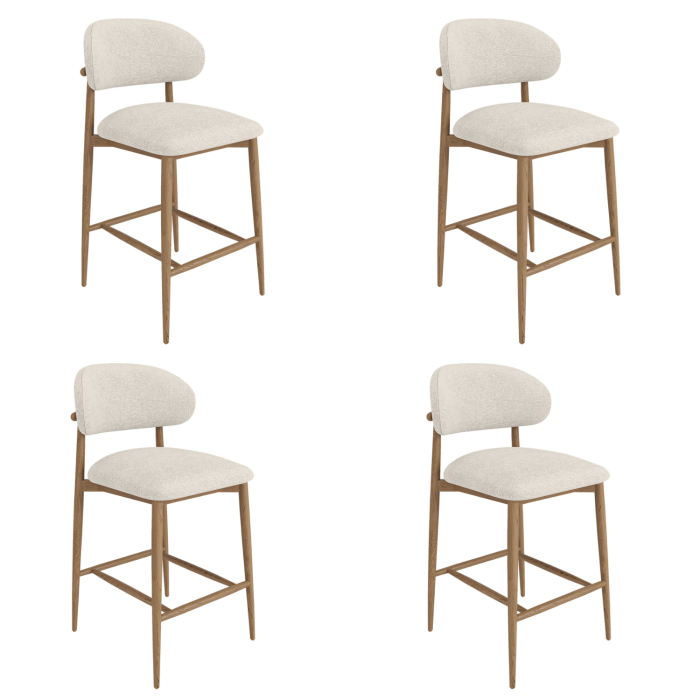 Set of 4 Beige Upholstered Curved Kitchen Stools With Solid Oak Exposed Back - Kori