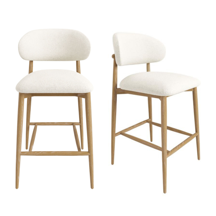 Set of 2 Cream Upholstered Curved Kitchen Stools with Limewash Solid Wood Exposed Back - Kori