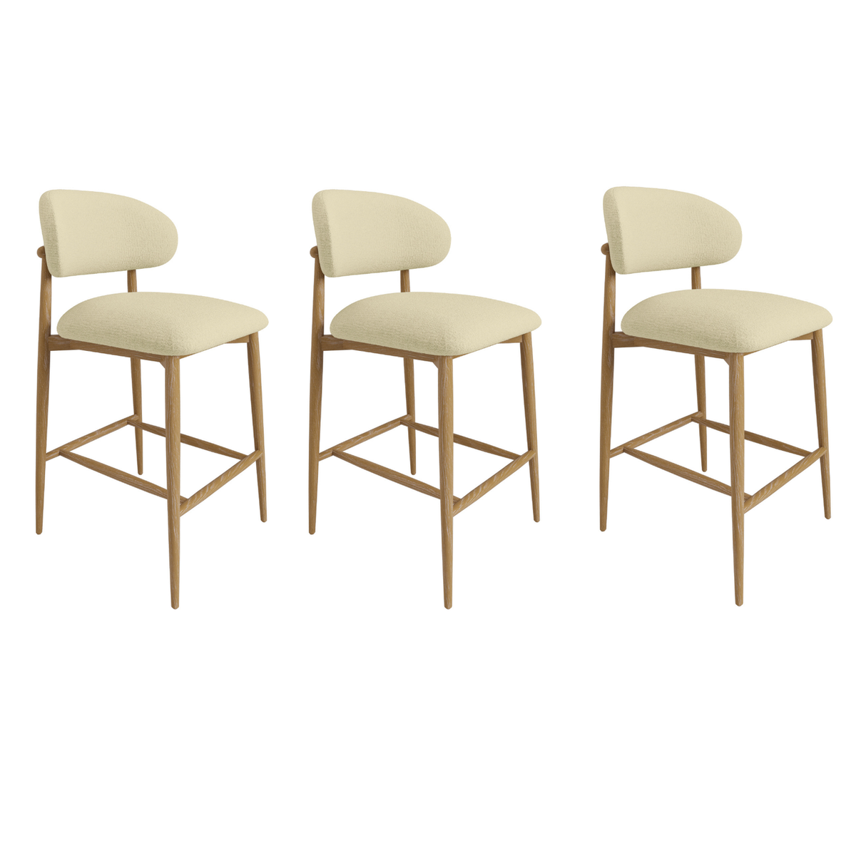 Set of 3 Cream Upholstered Curved Kitchen Stools with Limewash Solid Wood Exposed Back - Kori