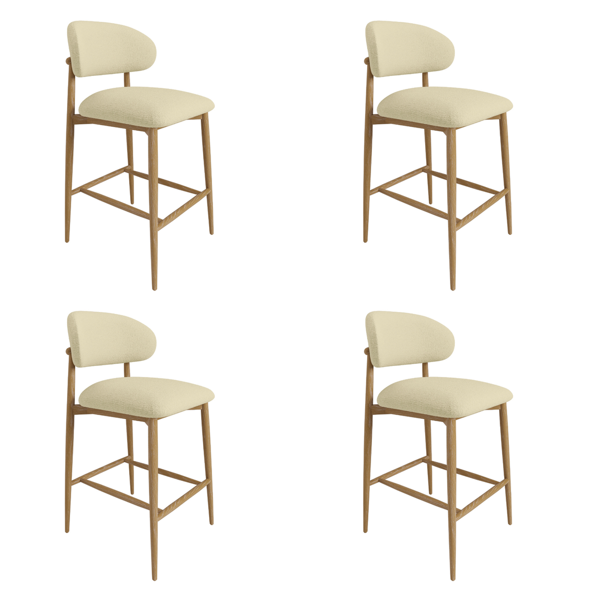 Set of 4 Cream Upholstered Curved Kitchen Stools with Limewash Solid Wood Exposed Back - Kori