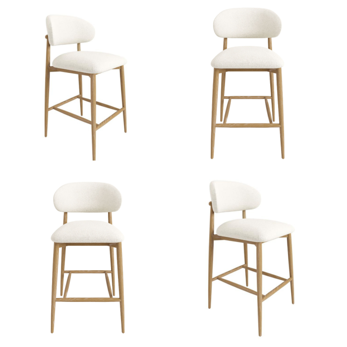 Set of 4 Cream Upholstered Curved Kitchen Stools with Limewash Solid Wood Exposed Back - Kori
