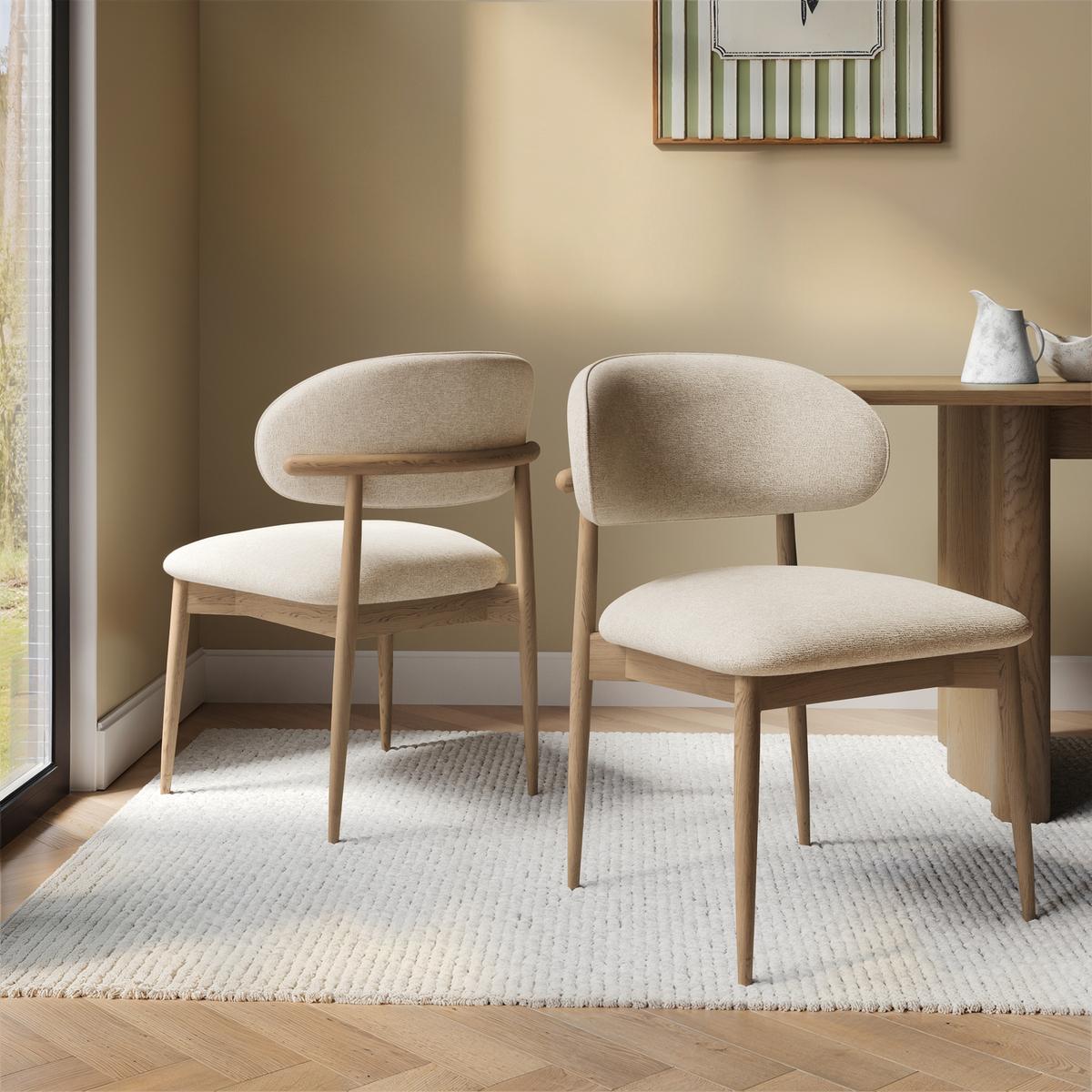 Beige Upholstered Curved Dining Chair with Solid Rustic Wood Open Back - Kori