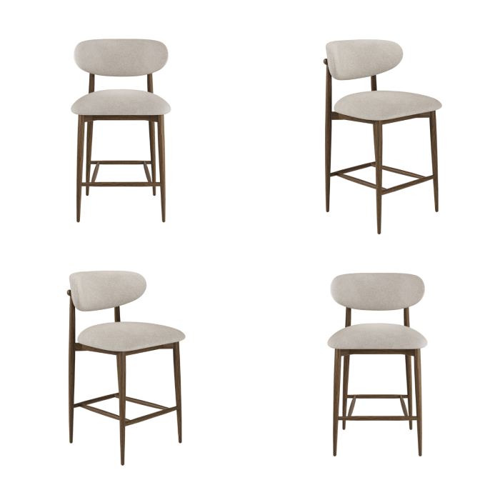 Set of 4 Walnut and Beige Upholstered Curved Kitchen Stools with Open Back - Kori