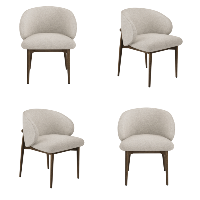 Set of 4 Walnut and Beige Upholstered Curved Dining Chairs with Exposed Back - Kori
