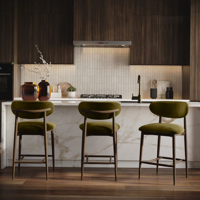Set of 3 Walnut and Olive Green Upholstered Curved Kitchen Stools with Open Back - Kori