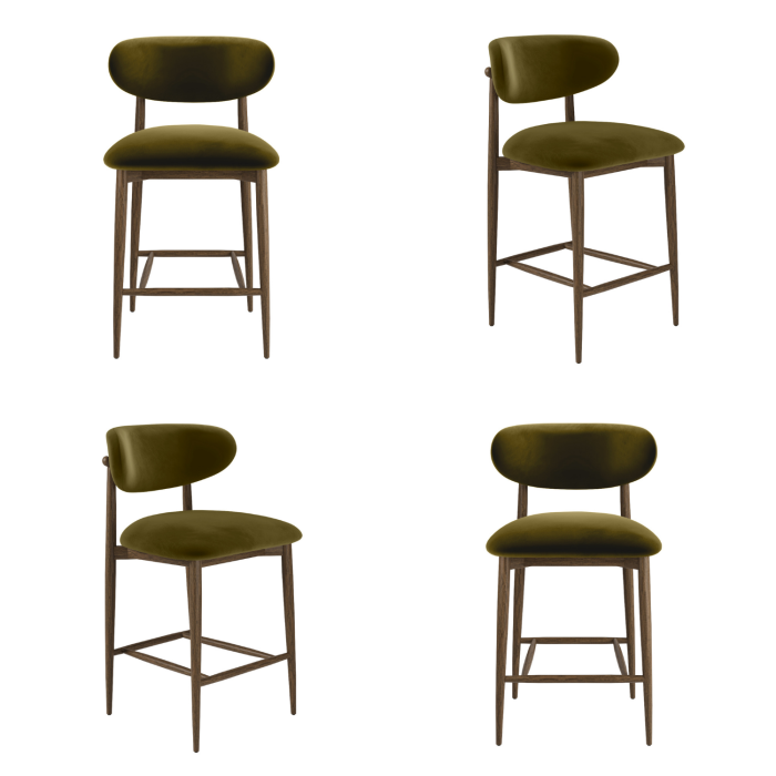 Set of 4 Walnut and Olive Green Upholstered Curved Kitchen Stools with Open Back - Kori