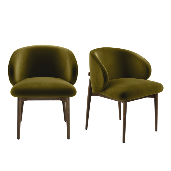 Set of 2 Walnut and Olive Green Upholstered Curved Dining Chairs with Exposed Back - Kori