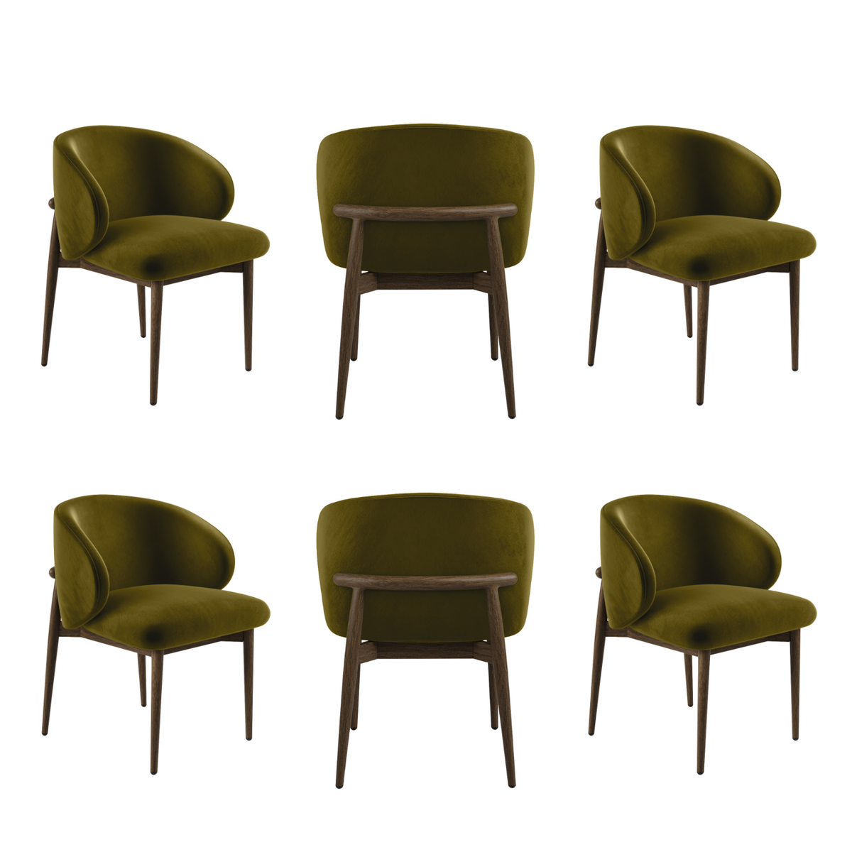 Set of 6 Walnut and Olive Green Upholstered Curved Dining Chairs with Solid Wood Exposed Back - Kori