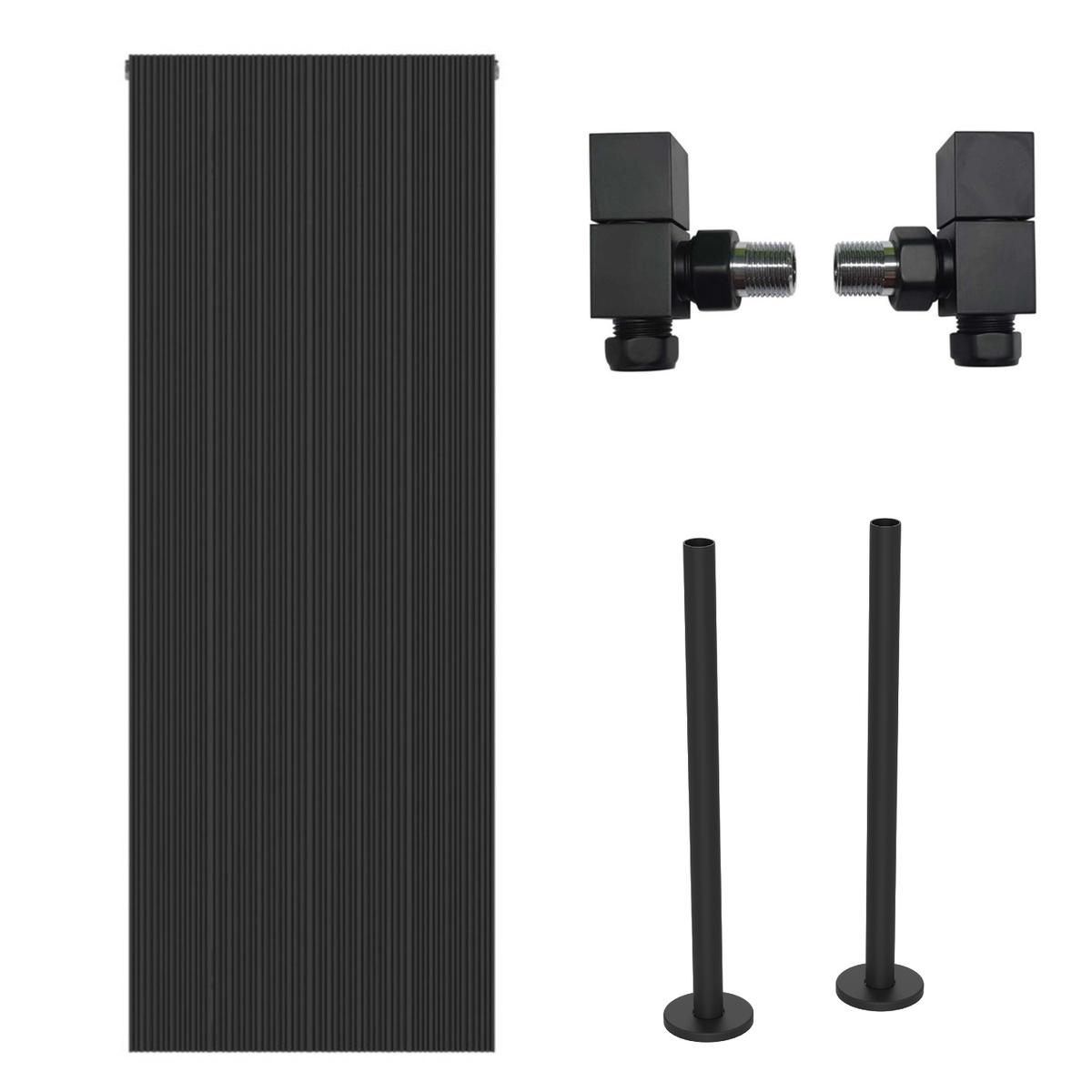 Black Designer Vertical Single Panel Radiator 1200 x 440mm with Pipe Kit and Angled Valves - Laguna