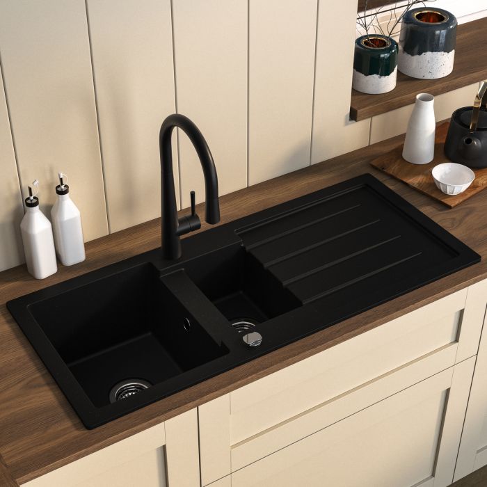 1.5 Bowl Black Inset Composite Kitchen Sink and Reversible Drainer with Black Pull Out Kitchen Tap Set - Enza