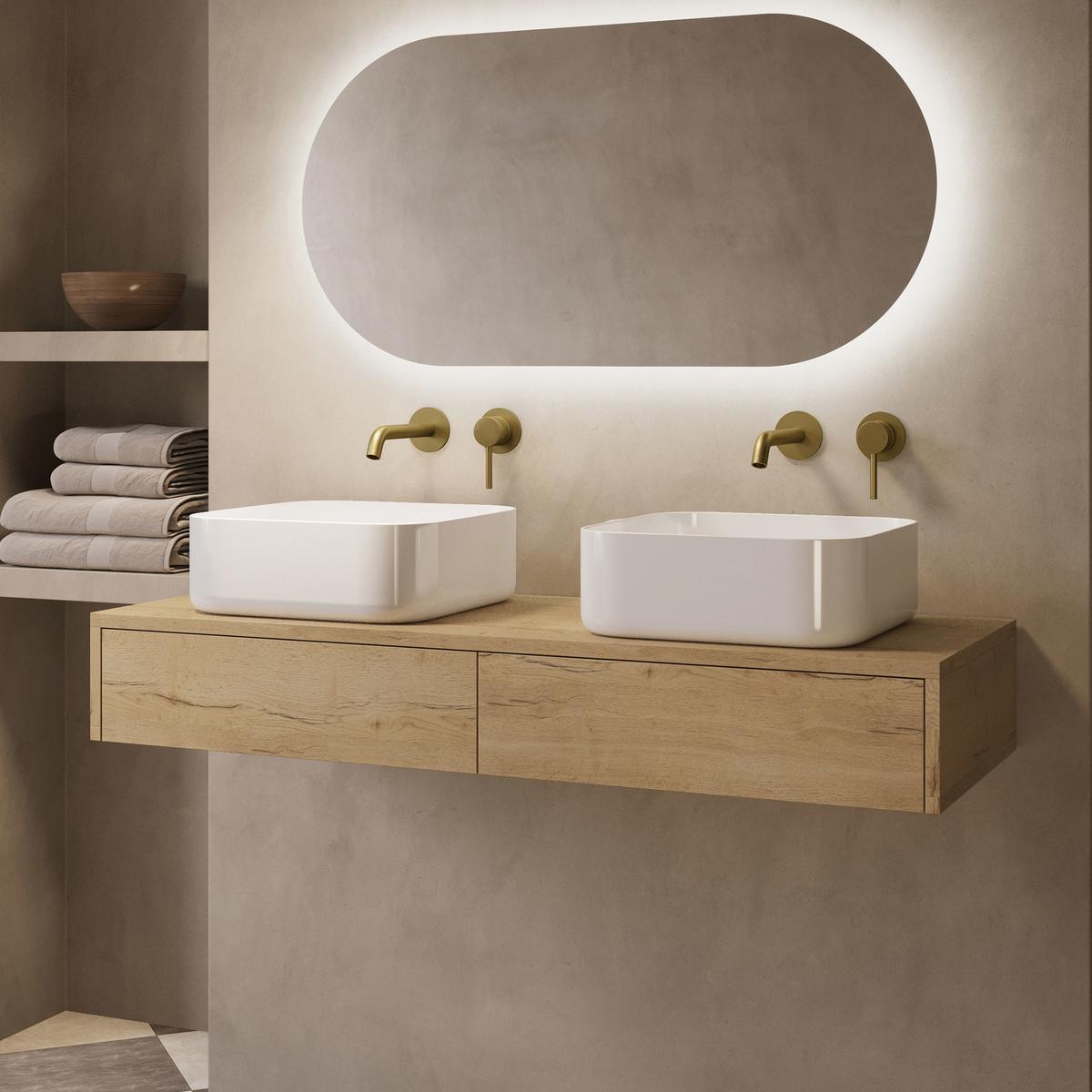 1200mm Oak Wood Effect Wall Hung Countertop Vanity Unit with Curved Square Basin - Lugo