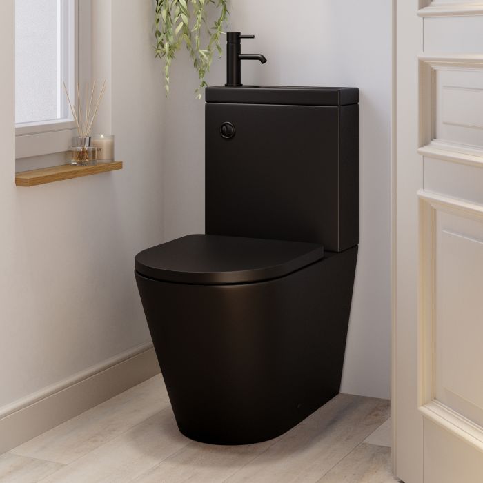 Matt Black Close Coupled Closed Back Toilet with Black Fittings & Sink on Top - Legend