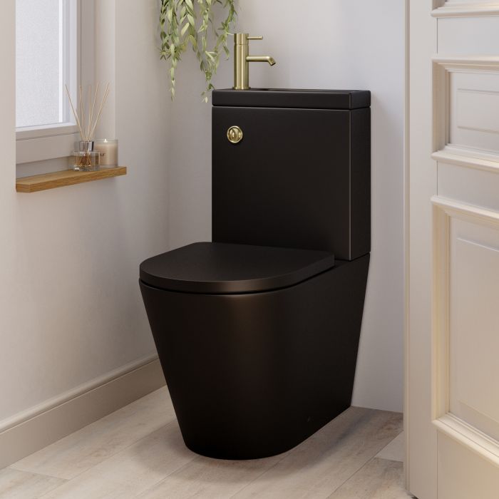 Matt Black Close Coupled Closed Back Toilet with Sink on Top & Brass Fittings Cloakroom Suite - Legend