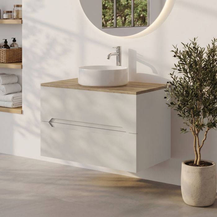 800mm Beige Wall Hung Countertop Vanity Unit with Oak Worktop and Basin - Morella