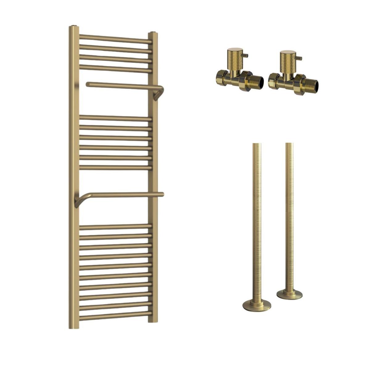 Brass Towel Radiator 1200 x 500mm with Pipe Kit and Straight Valves - Nazco