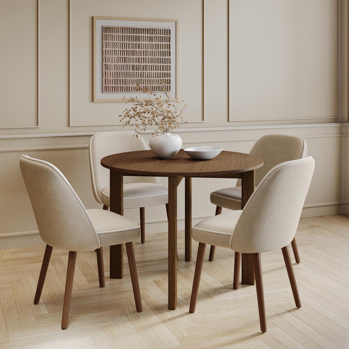 Small Walnut Drop Leaf Extendable Dining Table Set with 2 Upholstered Taupe Chairs - Seats 2 - Nell